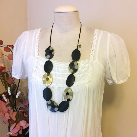 Vintage NEW sandwich jewellery Gray Black White Oval Beads VTG Art Deco Necklace - Picture 6 of 7